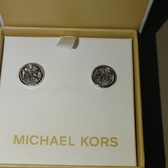 Michael Kors MK Logo Design Stud Kors Earrings In Original Box Silver tone - Picture 8 of 13